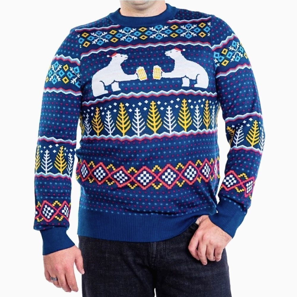 Tipsy Elves Men's Blue Polar Bear Party Ugly Christmas Sweater Medium